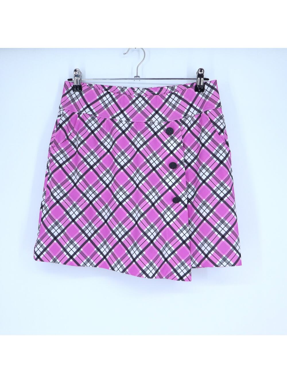 BELYN KEY Button Wrap Skort Malibu Pink Plaid Pull On Brief Lined Women's S